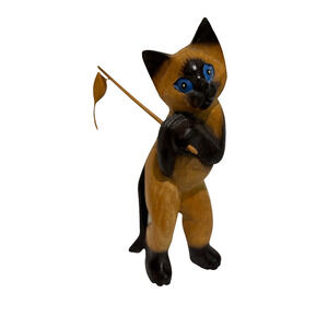 MCM‎ Siamese Cat Solid Wood statue Folk Art Sculpture Hand Carved 12" collector